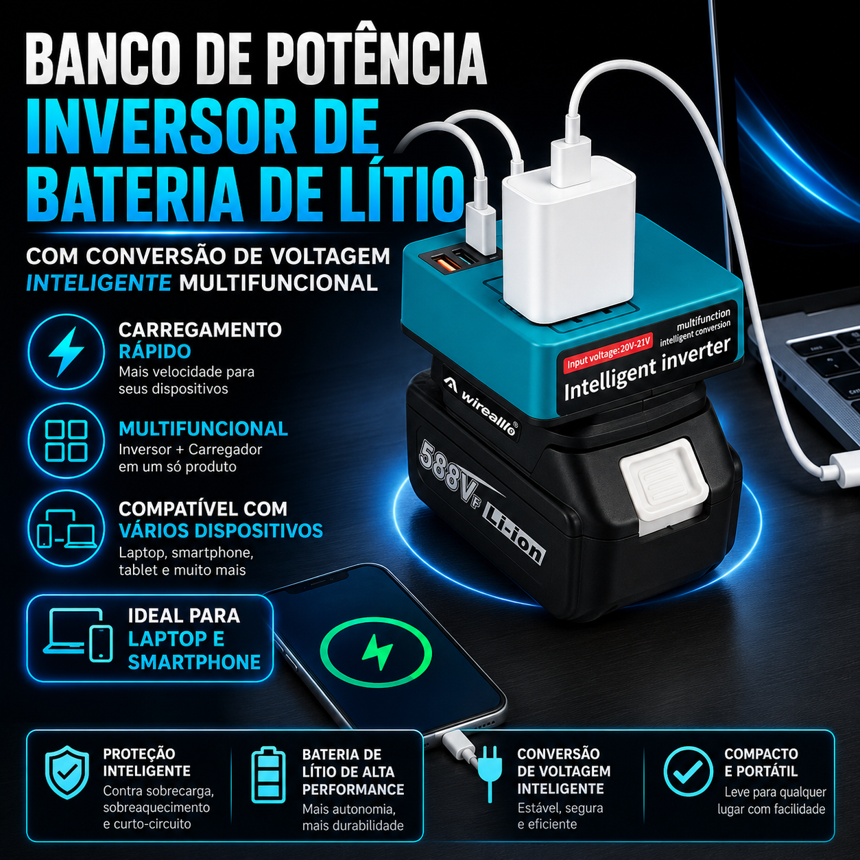 Banco de potência inversor de bateria de lítio com conversão de voltagem inteligente multifuncional 🎁