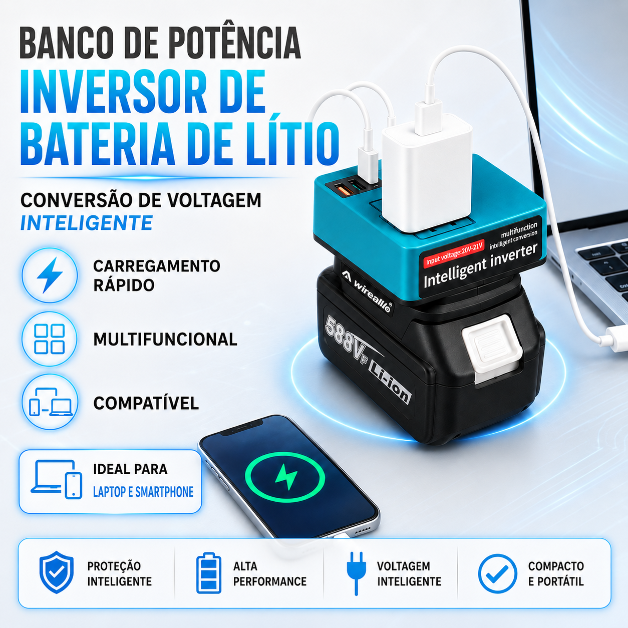 Banco de potência inversor de bateria de lítio com conversão de voltagem inteligente multifuncional 🎁